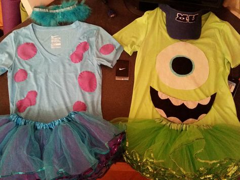 Mike Wazowski and Sully race costumes! Monsters Inc Mike Wazowski Costume, Diy Mike Wazowski Costume Women, How To Make Mike Wazowski Costume, Diy Mike Wazowski Costume Shirts, Pregnant Mike Wazowski Costume, Rugrats Costume, Girl Superhero Costumes, Princess Running Costume, Mike And Sully