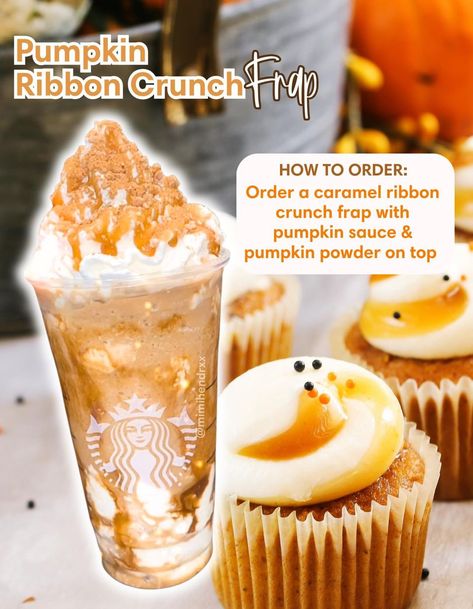 Starbucks | Fall order 🍂 Pumpkin Ribbon Crunch Frap 🎃🎀 Starbucks Halloween Drinks, Pumpkin Drink Recipes, Cold Coffee Drinks Recipes, Frappuccino Starbucks Secret Menu, Pumpkin Drink, Starbies Drinks, Fall Starbucks, Starbucks Drink Menu, Starbucks Drink Ideas