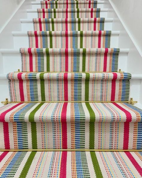 Christina on Instagram: "My DIY stair runner is still an all time fave of our family. It took creepy basement stairs, to colorful, fruit stripe happiness. For the details on how I installed this runner, and the materials required, check the stair runner highlight at the top of my bio. Or you can shop this space by finding me on the LTK app!

#annieselke #stairrunner #stairway #grandmillennialstyle #coastalgrandmother #colorfulhome #grandmillennial #diyblog" Creepy Basement, Diy Stair Runner, Striped Stair Runner, Grand Millennial Style, Staircase Runner, Stair Makeover, Hallway Colours, Red Front Door, Stair Rods