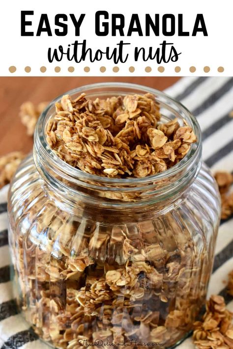 This Granola Recipe without Nuts is one of the easiest and most delicious ways to make homemade nut-free granola! All you need is a few ingredients to made this simple crunchy granola at home! Homemade Granola Gluten Free, But Free Granola, No Oil Granola Recipe, Homemade Nut Free Granola, Quick And Easy Granola Recipe, Granola Without Nuts Recipe, No Nut Granola Recipe, Homemade Granola Nut Free, How To Make Granola At Home