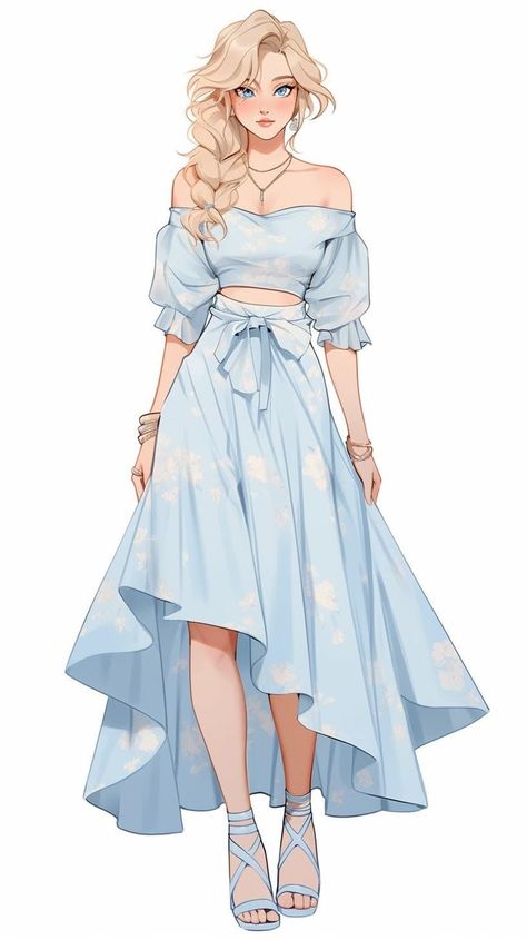 How To Draw Flowy Dresses, Simple Dress Drawing Ideas, Ocean Themed Outfits Drawing, Dress Ideas Sketch, Simple Dress Design Drawing, Chiffon Outfits Ideas, Long Dress Pose Reference, Anime Swimsuits Outfit Art, Water Outfits Drawing