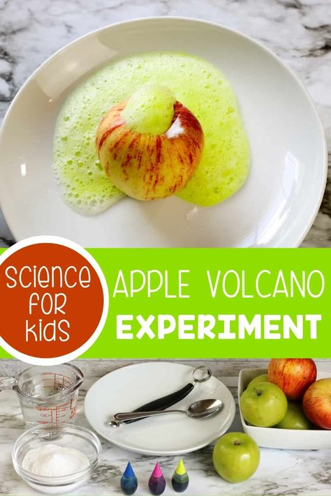 Apple Volcano Experiment, Volcano Preschool, Kids Volcano Experiment, Baking Soda And Vinegar Volcano, Baking Soda Volcano, Volcano For Kids, Apple Science Experiments, Volcano Activities, Volcano Experiment