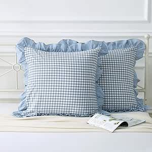 Mywinlle Dusty Blue Plaid Ruffle Throw Pillow Covers for Couch 20"x20",2 Pack Vintage Checkered Washed Cotton Pillow Cases for Bed, Sofa, Living Room Blue Plaid Pillows, Gingham Kitchen, Cottagecore Bedroom Ideas, Checkered Pillow, Ruffle Pillow Case, Kitchen Dark, King Size Pillow Shams, Plaid Pillow Covers, Ruffle Pillow