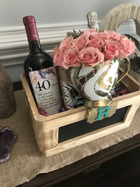 Gift basket idea to celebrate 40th birthday! 40th Birthday Basket Ideas For Women, Celebrate 40th Birthday, Birthday Basket, Happy 40th, Happy 40th Birthday, 40th Birthday, Gift Basket, Gift Baskets, Birthday