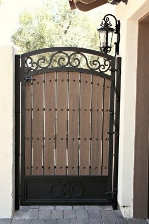 Composite Wood 1 Wrought Iron And Wood Gates, Wood And Metal Gates Ideas, Gate Doors Ideas Fence, Door Painting Ideas, Sliding Gate Design, Gate Design Modern, Patio Gates, Gate For Stairs, Black Gate