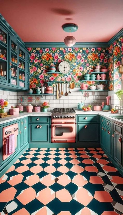 Pop Color Kitchen, Colorful French Kitchen, Retro Themed Kitchen, Maximalist Backsplash, Fun Kitchen Colors For Walls, Vintage Colorful Kitchen, Colorful Retro Decor, Cute Kitchen Wallpaper, Vintage Colorful Decor