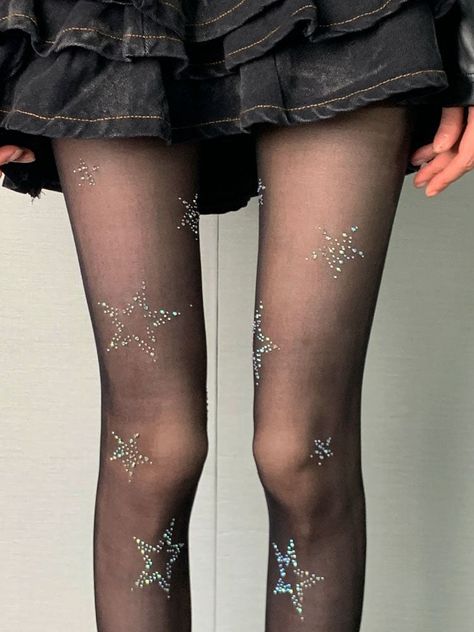 Elevate your outfit with these stunning rhinestone star-patterned tights. Designed to be both simple and elegant, these tights add a touch of sparkle and sophistication to any look. The intricate star designs made from shimmering rhinestones ensure that you stand out while maintaining a refined aesthetic. Perfect for both casual and formal occasions, these tights offer a unique blend of minimalism and stylish flair. Make your legs the star of the show!  Please note that the price includes one pa Sparkle Aesthetic Outfit, Unique Tights, Star Tights, Cool Tights, Pattern Tights, Cute Tights, Steampunk Fashion Male, Clothes Embroidery Diy, Alt Clothes