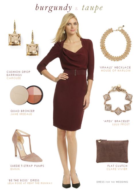 Burgundy Long Sleeve Dress. This classic long sleeve dress is perfectly suited to a fall wedding guest, or for a dress to wear to Thanksgiving or to meet your future in-laws. Burgundy Dress Outfit Wedding, What Color Jewelry To Wear, Burgundy Dress Accessories, Burgundy Dress Long, Burgundy Dress Outfit, Bridesmaid Dress Color Schemes, Wedding Guest Men, Burgundy Long Sleeve Dress, Cute Red Dresses