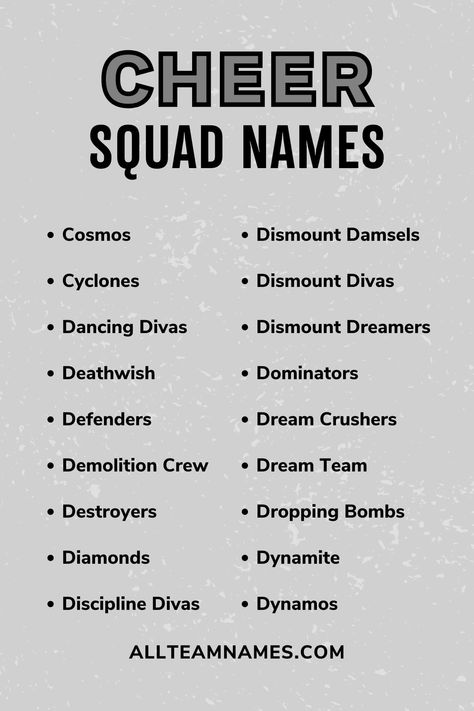 cheer squad names list Cheer Team Names Ideas, Dance Team Names Ideas, Team Names Ideas For Work, Cool Squad Names, Volleyball Team Names Ideas, Squad Names Ideas, Fun Team Names, Squad Name, Team Names Ideas