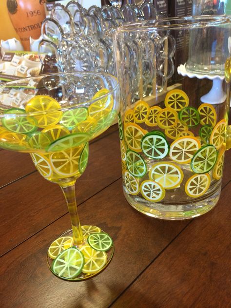 Lemon and lime margarita glasses from Pier 1 Painting Margarita Glasses Ideas, Painted Margarita Glasses Ideas, Margarita Glasses Diy, Painting Margarita Glasses, Diy Margarita Glasses Paint, Paint Margarita Glasses, Margarita Glasses Painted, Glitter Margarita Glasses, Hand Painted Margarita Glasses