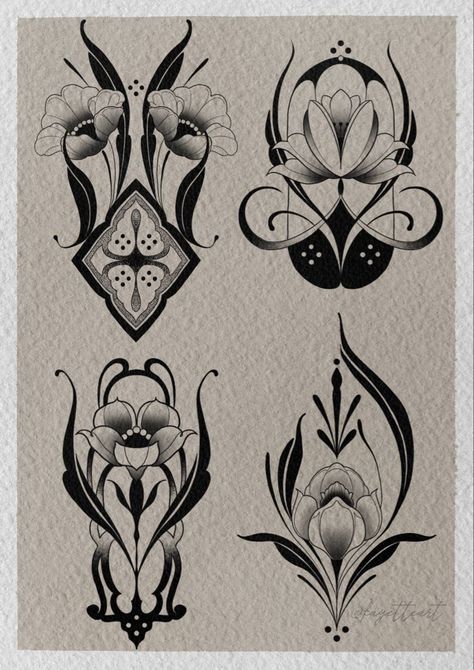 Neo Ornamental Tattoo, Art Nouveau Flower Design, Ornamental Flower Design, Art Deco Ornamental Tattoo, Ornamental Flower Tattoo Design, Ornamental Leg Sleeve, Symmetrical Flower Tattoo, Flower Ornamental Tattoo, Gothic Ornament Tattoo