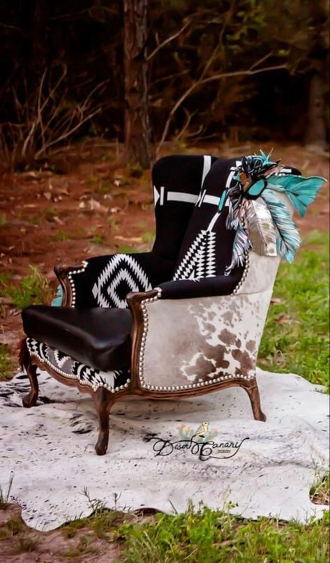 Cowhide Accent Chair, Western Glam Decor Living Room, Western Chair Makeover, Ranch Glam Decor, Western Home Office, Western Office Decor Ideas, Western Furniture Ranch Style, Cowhide Chairs, Southwestern Chairs