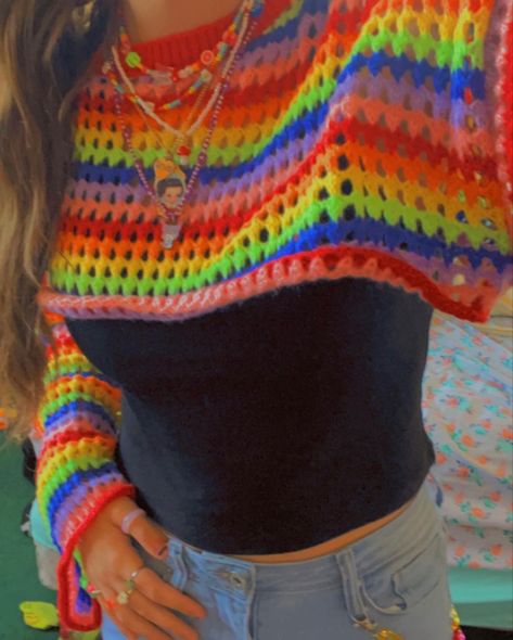 Rainbow Clothes Aesthetic, Rainbow Grunge Outfit, Kidcore Crochet, Rainbow Outfit Aesthetic, Kidcore Sweater, Kidcore Crochet Sweater, Pastel Rainbow Crochet Sweater, Kidcore Cardigan, Kidcore Indie