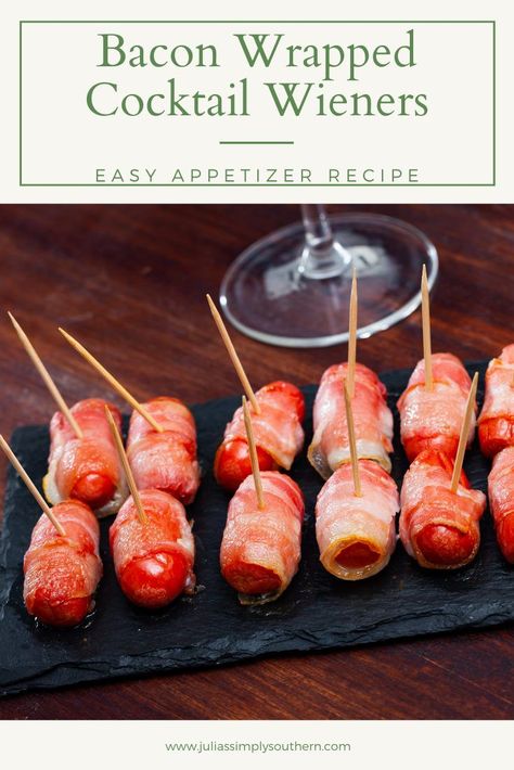 Bacon Lit'l Smokies Bites are an easy cocktail wiener appetizer that your guests will love. Easy to prepare and always delicious. These bacon wrapped bites are always a hit! Make extra because they'll get gobbled up quick. #lilsmokies #baconwrappedcocktailweenies #cocktailwieners #appetizers #easyrecipe #southernfood #southernrecipes #juliassimplysouthern #partyfoods #entertaining Cocktail Wieners, Bacon Wrapped Appetizers, Bacon Wrapped Smokies, Bacon Wrapped Jalapeno Poppers, Poppers Recipe, Small Appetizers, Bacon Appetizers, Easy Bacon, Easy Cocktail