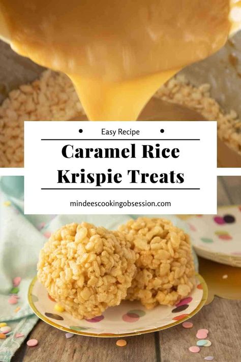 Take your rice krispie treats to a whole new level! This no bake recipe is to die for! This easy recipe is made without marshmallows. The simple caramel sauce means there's no unwrapping and melting caramels either! Individual portions make them easy to share as well! Rice Krispie Treats No Marshmallows, Carmel Rice Crispy Treat, Individual Treats For Bake Sale, Carmel Rice Crispy Treats, Carmel Rice Krispie Treats Recipes, Rice Crispy Treats Without Marshmallows, Rice Krispie Treats Without Marshmallows, Fancy Rice Krispie Treats, Simple Caramel Sauce