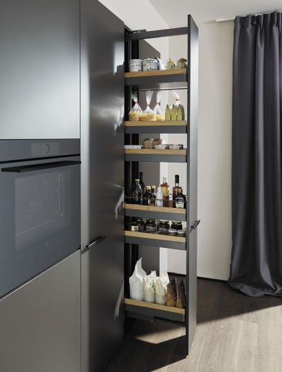 Liro standard pull-out larder in anthracite Kitchen Tall Storage, Pull Out Larder, Styling Your Kitchen, Cupboard Organization, Kitchen Cupboard Organization, Pull Out Pantry, Kitchen Larder, Shelves Kitchen, Pull Out Shelves