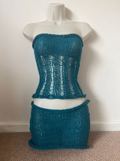 Blue Knitted Crochet Top, Teal Top Outfit, Crochet Distressed Top, Distressed Crochet, Teal Outfit Ideas, Fitted Blue Crochet Knit Top, Teal Crochet, Mermaidcore Crochet, Crochet Siren Dress