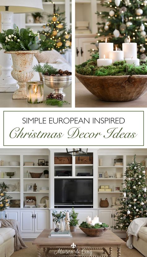 Gorgeous French Farmhouse Christmas Inspiration! European Christmas Decor in the Family Room--->#maisondecinq familyroom christmasdecor christmasdecorating holidaydecor holidaydecorating whitechristmas bluechristmas farmhousestyle frenchfarmhouse frenchcountry countryfrench farmhousechristmas French Farmhouse Christmas, Decorating With Candles, French Country Christmas Decor, French Christmas Decor, French Country Christmas, Christmas Prep, French Christmas, Country Christmas Decorations, Simple Christmas Decor