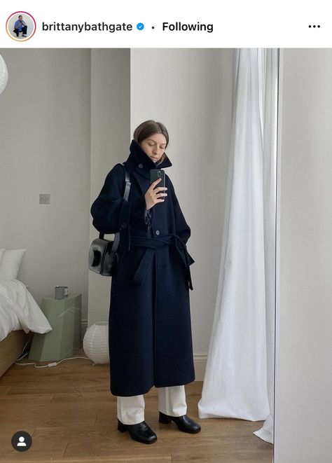 Navy Coat Outfit, Brittany Bathgate, Long Coat Outfit, Winter Coat Outfits, February 1st, Daily Fashion Inspiration, Navy Coat, Coat Outfit, In Between