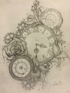 Clock Tattoo Designs, Tato Jam, Clock Drawings, Clock Tattoo Design, Witch Tattoo, Sketch Tattoo Design, Clock Tattoo, Next Tattoo, Sunflower Tattoo