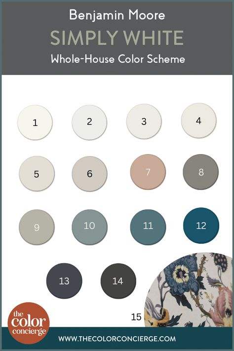 Explore all the colors (and a bonus wallpaper!) in this Benjamin Moore Simply White color scheme for the whole house. House Renovation Colour Scheme, Benjamin Moore Whole Home Color Palette, White Manufactured Home Exterior, Whole House Paint Scheme 2023 Benjamin Moore, Whole House Interior Paint Color Scheme Benjamin Moore, Benjamin Moore Whole House Paint Colors, Paint Color Schemes Benjamin Moore, Benjamin Moore Home Color Schemes, Benjamin Moore Color Palette For Home