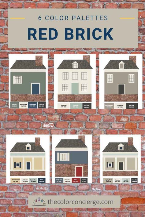 Discover 6 great paint color palettes for red brick with tips on how to choose them. #exteriorpaintcolors #redbrickhouse #swlove #swironore #onlinecolorconsulting #virtualcolorconsulting #thecolorconcierge #colorsmadeeasy Brick Paint Colors, Brick House Colors, Red Brick House Exterior, Red Brick Exteriors, Best Exterior Paint, House Paint Color Combination, Colors 2023, Exterior House Paint Color Combinations, Door Colors