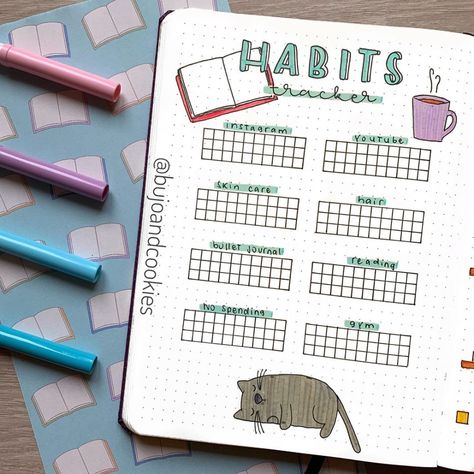 Bullet journal habit tracker by @bujoandcookies Bullet Journal Habit Tracker Layout, Journal Habit Tracker Ideas, Bullet Journal Habit Tracker Ideas, Habit Tracker Ideas, Bullet Journal Habit Tracker, Bullet Journal Mood Tracker, Journal Habit Tracker, Tracker Ideas, Habit Tracker Bullet Journal