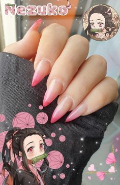 nails 2024 trends#nails aesthetic#nails acrylic summer#nails 2021 Mitsuri Nails Acrylic, Pink Anime Nails, Demon Slayer Nails Nezuko, Nezuko Inspired Nails, Uñas Demon Slayer, Mitsuri Nails, Aesthetic Nails Acrylic Summer, Nezuko Nails, Demon Slayer Nails