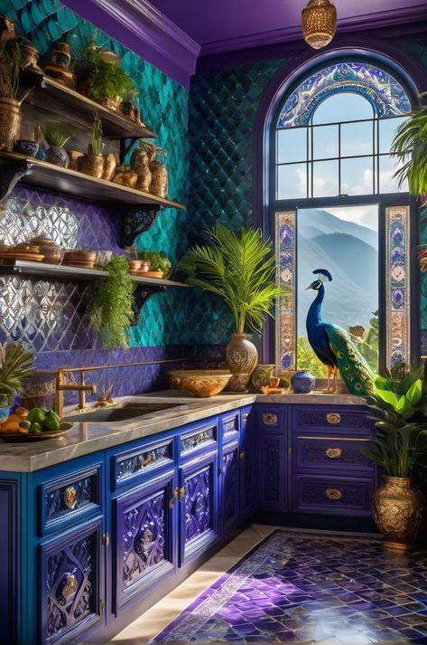 Bohemian Kitchens, System Aesthetic, House Decor Living Room, Kitchen Rich, Peacock Kitchen, Hippie Kitchen, Absinthe Art, Purple Kitchen, Boho Style Bedroom