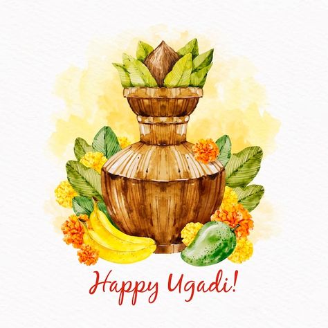 Free vector watercolour ugadi vase with ... | Free Vector #Freepik #freevector #ugadi #gudi-padva #happy-ugadi #ugadi-festival Ugadi Wishes Creative, Ugadi Illustration, Happy Ugadi Images, Ugadi Wishes, Ugadi Festival, Happy Ugadi, India Festival, Basic Watercolor, Print Design Template