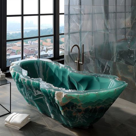 Indulge in luxury with the Geotub: a stunning bathtub crafted from a single geode, blending nature's beauty with modern comfort. Sink into relaxation as the softly glowing crystals and vibrant hues envelop you in tranquility. Conceptual AI Art Follow @ecosapiens for more! Crystal Bath Tubs, Rock Furniture, Green Tile Bathroom, Beautiful Bathtubs, Stone Bathtub, Crystal Bath, Bath Tubs, Green Tile, Tile Bathroom