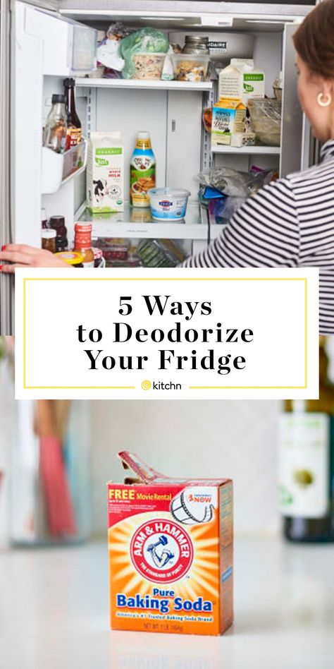 If your refrigerator smells, you don’t have to do a big fridge clean-out, but you do need to deodorize it. Luckily, it’s easy to do with items you already have on hand. Here are five things you can use: baking soda, vanilla, coffee grounds, lemon, or oats. Baking Soda Fridge Deodorizer, Fridge Deodorizer Diy, Fridge Odor Eliminator, Odor Remedies, Fridge Smells, Big Fridge, Fridge Deodorizer, Rotten Food, Fridge Odor