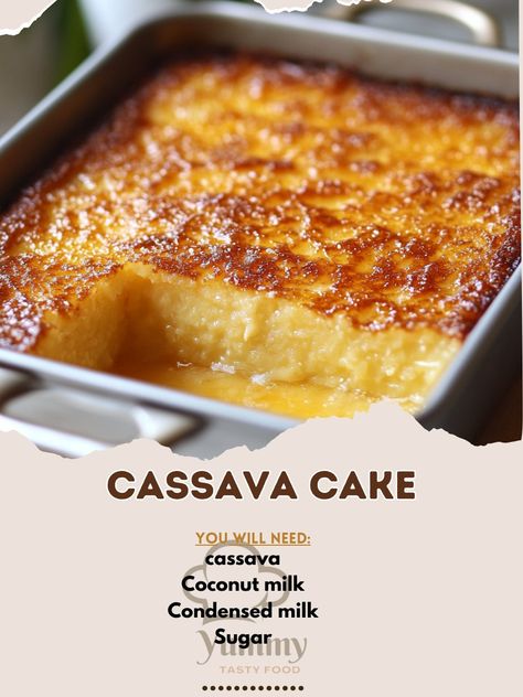 🍰 "Indulge in the rich and creamy delight of Cassava Cake—a Filipino favorite that’s simply irresistible!" 🇵🇭🍰 #CassavaCake #FilipinoDessert Cassava Cake Ingredients: Grated cassava (2 cups) Coconut milk (1 can, 14 oz) Condensed milk (0.5 cup) Sugar (0.75 cup) Eggs, beaten (2) Butter, melted (0.25 cup) Grated cheese (for topping) Instructions: Preheat oven to 350°F (175°C). Grease a baking pan. In a bowl, mix grated cassava, coconut milk, condensed milk, sugar, and beaten eggs. Pour the m... Ube Cassava Cake Recipe, Cassava Cake Recipe Filipino, Dutch Apple Bread Recipe, Filipino Dessert Recipes, Malaysian Dessert, Cassava Cake, Filipino Food Dessert, Asian Cake, Asian Sweets