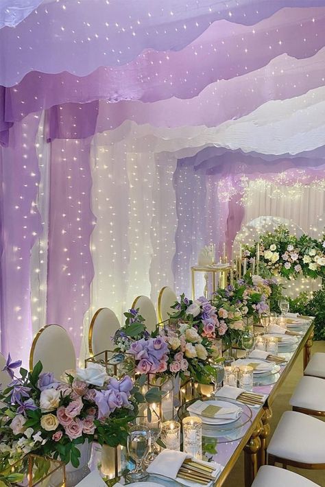 Pink And Purple Debut Theme, Lilac Decorations Wedding, Debut Theme Ideas Purple, Shades Of Purple And Gold Wedding, Lavander Theme Debut, Lavender Theme Decoration, Fairytale Quinceanera Theme Purple, Purple Wedding Venue Decorations, Purple And White Theme Party