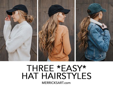 3 Easy Hat Hairstyles Long Hair Baseball Cap Style, Hair With Baseball Hat, Hair Knot Tutorial, Baseball Cap Hairstyles, Baseball Hat Hairstyles, Cap Hairstyles, Easy Work Hairstyles, Girl Baseball Cap, Top Knot Hairstyles