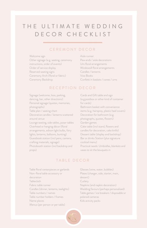 If you are a newbie bride-to-be you have undoubtedly started pinning ideas for how you want your wedding to look. Initially, it can feel incredibly overwhelming, particularly if you have opted for a blank canvas venue and need to source a lot of the decor items yourself, in which case this ultimate wedding decor checklist could come in rather handy! Wedding Decor Checklist, Wedding Decoration Checklist, Ultimate Wedding Checklist, Decor Checklist, Wedding On A Budget, Vow Book, Future Wedding Plans, Planning Checklist, Wedding Planning Checklist