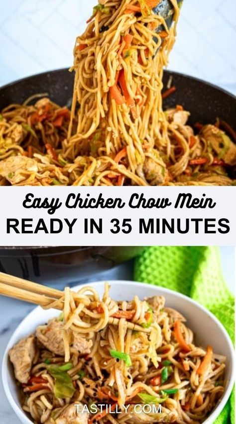 Make chicken chow mein better than takeout in just 35 minutes! Fresh veggies, tender chicken, and a mouthwatering sauce. Chinese Chow Mein Recipe, Chicken Chow Mein Recipe Easy, Easy Chicken Chow Mein, Chow Mein Sauce, Chicken Chow Mein Recipe, Asian Salads, Ramen Dinner, Chicken Lo Mein, Homemade Chinese