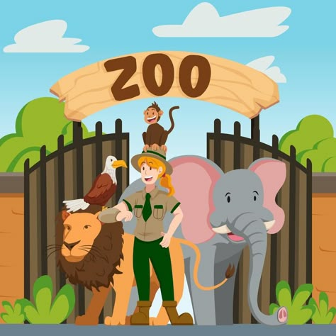 Zoo Keeper Standing with Animals Before the Zoo Zebra Template, Animal Party Decor, Zoo Images, Zoo Cartoon, Zoo Illustration, Zoo Clipart, Jungle Animal Party, Animal Keeper, Zoo Drawing