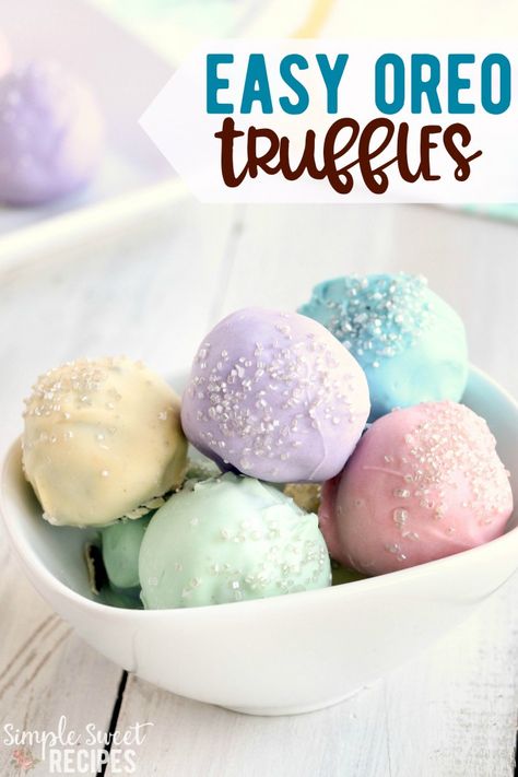 These simple and easy oreo truffles take just 3 steps! Blend and mix, roll into balls, then dip! Color for any occasion, these pretty pastels are perfect for Easter. #oreos #truffles #Easter #Easterdesserts #chocolate Easter Oreo Balls, Easy Oreo Truffles, Birthday Dinner Ideas, Easy Easter Cookies, Bakery Goodies, Truffle Recipe Easy, Cookie Truffles, Easter Foods, Oreo Truffles Recipe