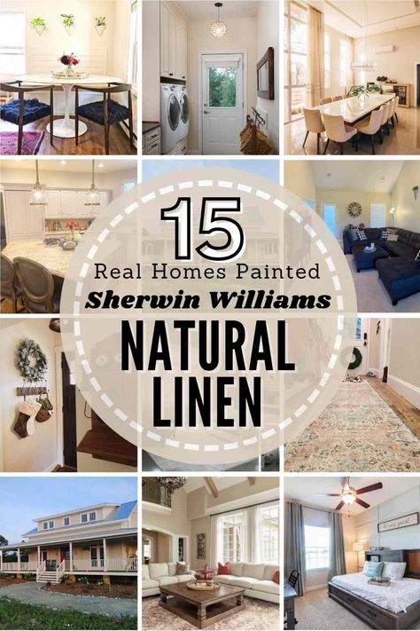 Sherwin Williams Natural Linen is a light warm beige paint color. Explore SW 9109, undertones, color pairings + see pics in 17 REAL homes! #sherwinwilliams #naturallinen #sherwinwilliamsnaturallinen #naturallinenlivingroom #naturallinenkitchen #naturallinenbathroom #naturallinendiningroom #naturallinenexterior #naturallinenbedroom #paint #paintcolor #paintreview Farmhouse Accent Wall Paint Colors, Sherwin Williams Linen White, Natural Linen Paint Sherwin Williams, Linen Sherwin Williams Paint, Rooms Painted Natural Linen By Sherwin Williams, Ivoire Sherwin Williams Living Rooms, Sw Natural Linen Paint, Natural Linen Wall Color, Natural Linen Bedroom