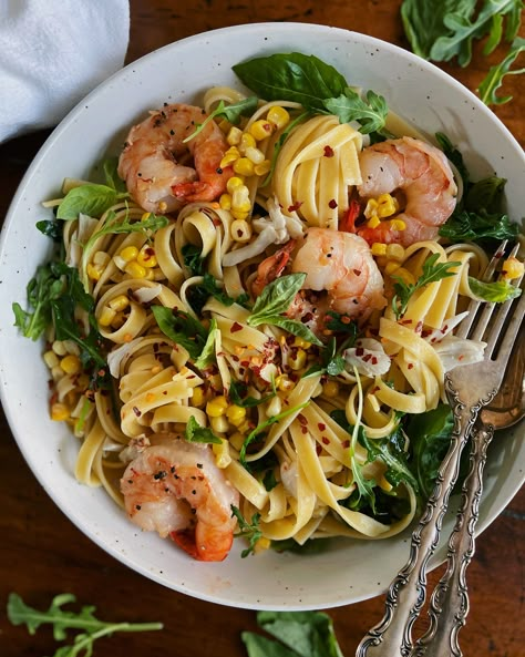 Shrimp Entrees, Summer Shrimp Recipes, Seafood Pasta Dishes, Buttery Shrimp, Corn Pasta, Summer Recipe, Seafood Pasta, Not Sorry, Pasta Dish