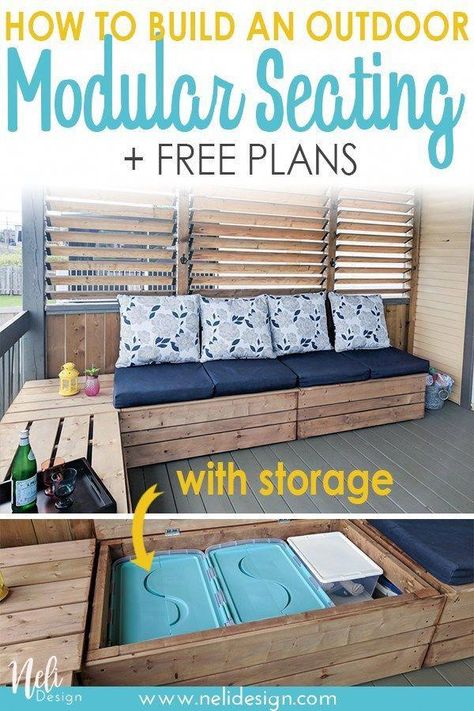 Learn how to DIY an outdoor modular seating with storage and cushions. You'll know how to build an outdoor sectional bench for Organization. You'll get free plans with a tutorial so you can build your own outdoor patio furniture. #outdoor #patio #build #bench #summer #freeplans #furniture #diyideas Patio Furniture Storage, Diy Bank, Patio Furniture Makeover, Cheap Patio Furniture, Resin Patio Furniture, Cheap Patio, Modular Seating, Backyard Furniture, Patio Furniture Cushions