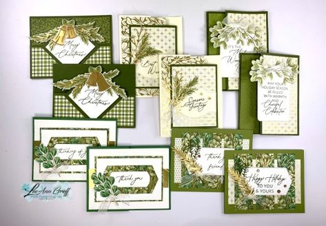 Season  of Green & Gold kit cards Stampin Up Christmas Cards, Stampin Up Christmas, Supply List, Su Cards, Card Tutorial, Specialty Paper, Fancy Folds, Fun Fold Cards, Fall Cards