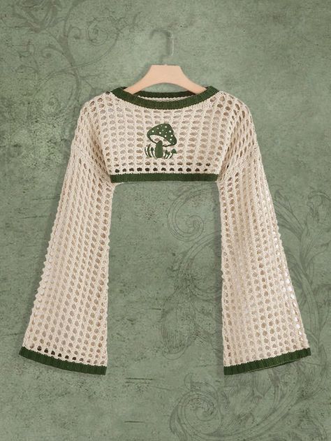 Romwe Fairycore, Fairycore Mushroom, Mushroom Pattern, Crop Pullover, Cute Dress Outfits, Crochet Clothing And Accessories, Women Sweaters, Cooler Look, Easy Trendy Outfits