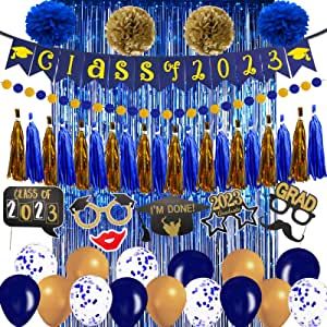 Graduation Party Decorations 2023, Blue and Gold Graduation Decorations Class of 2023 Party Supplies Including Banner, Foil Fringe Curtain Backdrop, Photo Booth Props, Balloons, Paper Pom Poms Graduation Party Balloons, Blue And Gold Graduation, Gold Graduation Decorations, Party Balloons Decorations, Foil Fringe Curtain, 2024 Banner, Senior Graduation Party, Gold Graduation Party, Gold Class