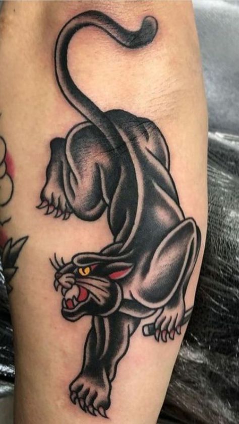 Seoul Tattoo, Traditional Tattoo Animals, Traditional Panther, Traditional Panther Tattoo, Tricep Tattoos, Panther Pride, Black Panther Tattoo, Tattoo Over Scar, Traditional Tattoo Inspiration