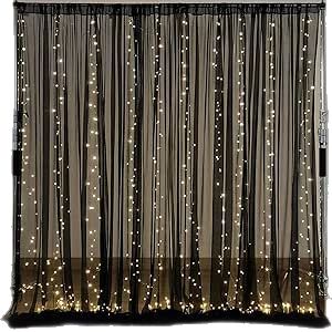 Sheer Curtain Backdrop, Curtain With Lights, Drapes For Wedding, Black Sheer Curtains, Prom Backdrops, Tulle Backdrop, Curtain Backdrop, Curtain Backdrops, Light Backdrop