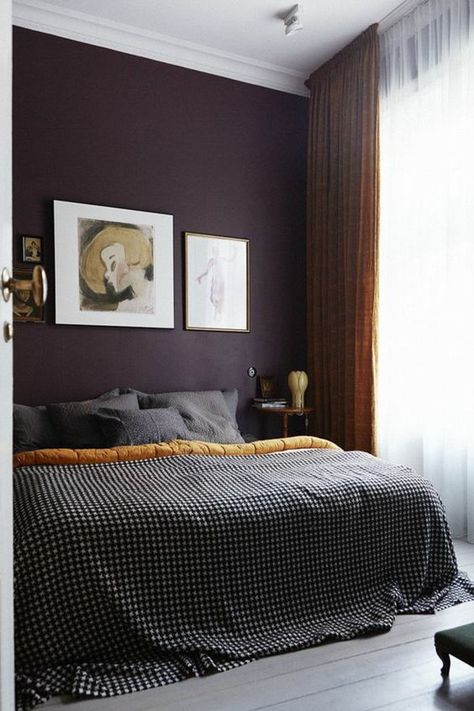 a sophisticated moody bedroom with a deep purple accent wall, musard and grey textiles and a stylish gallery wall Plum Bedroom Walls, Dark Purple Bedroom Walls, Eggplant Bedroom, Aubergine Bedroom, Purple Wall Bedroom, Bedroom Purple Walls, Purple Bedroom Walls, Plum Bedroom, Burgundy Bedroom