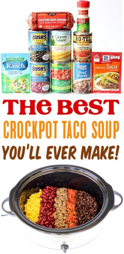 Crockpot Taco Soup!  This Easy Healthy Recipe with Beef Made in the Crock Pot is the perfect dinner for those busy weeknights!  Give it a try this week for a new family favorite! Easy Crockpot Taco Soup, Crockpot Taco Soup, Recipe With Beef, Crockpot Taco, Crockpot Healthy, Pot Recipes Healthy, Crock Pot Tacos, Taco Soup Recipe, Pot Recipes Easy