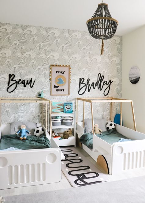 Shared Boys Bedroom, Twin Boys Room, Twin Boys Bedroom, Twins Bedroom, Kylie Bedroom, Safari Bedroom, Boys Shared Bedroom, Toddler Floor Bed, Toddler Boy Room Decor